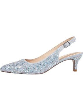 Womens Silver Rhinestone Slingback Pump Closed Toe Elegant Low Kitten Heel Shoes